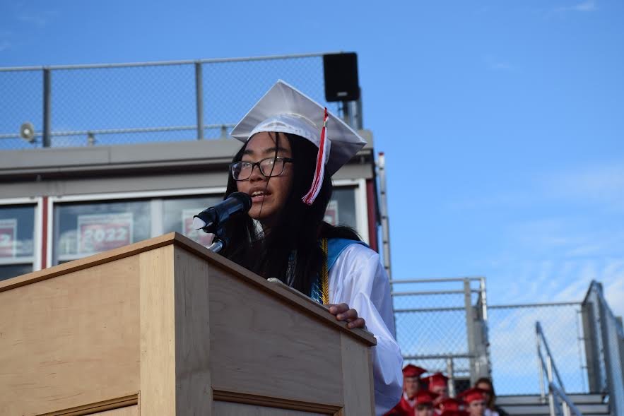 Connetquot High School valedictorian Stephanie Chen and salutatorian Evan Mistler addressed their peers during the school’s annual commencement exercises.